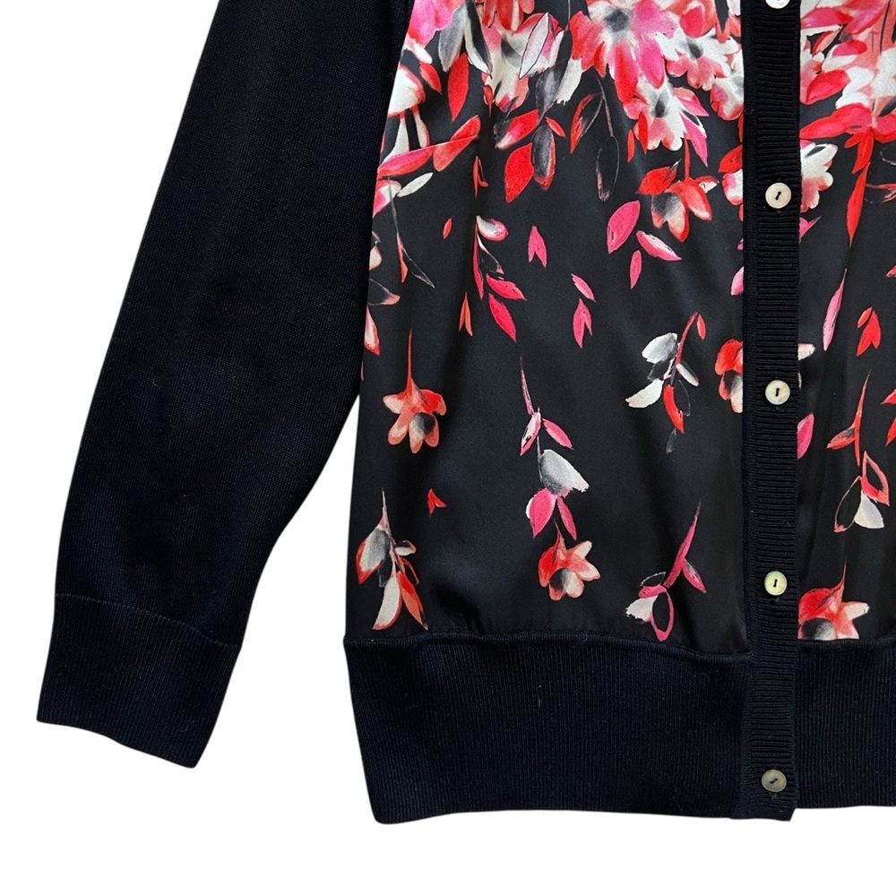 St. John Pink Cascading Floral Silk Black Sweater Cardigan Size M Office Career - Picture 4 of 12